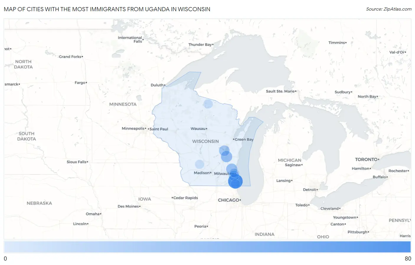 Cities with the Most Immigrants from Uganda in Wisconsin Map