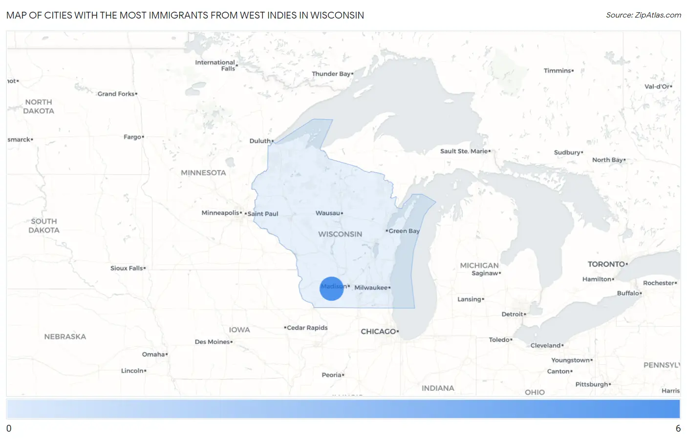 Cities with the Most Immigrants from West Indies in Wisconsin Map