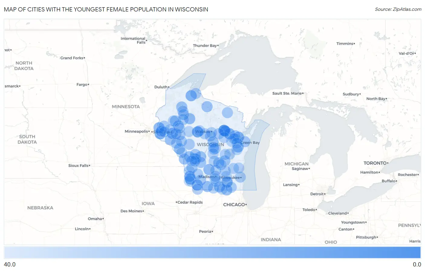 Cities with the Youngest Female Population in Wisconsin Map