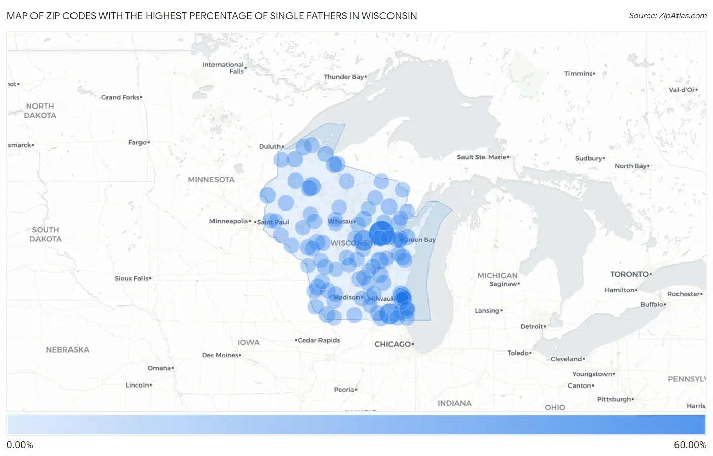 Zip Codes with the Highest Percentage of Single Fathers in Wisconsin Map