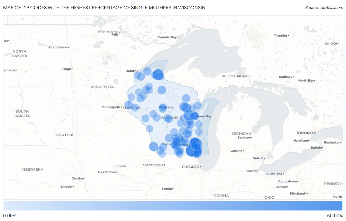 Zip Codes with the Highest Percentage of Single Mothers in Wisconsin Map