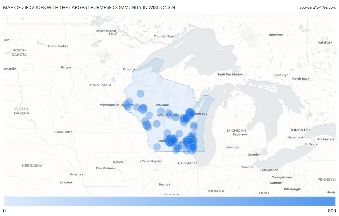 Zip Codes with the Largest Burmese Community in Wisconsin Map