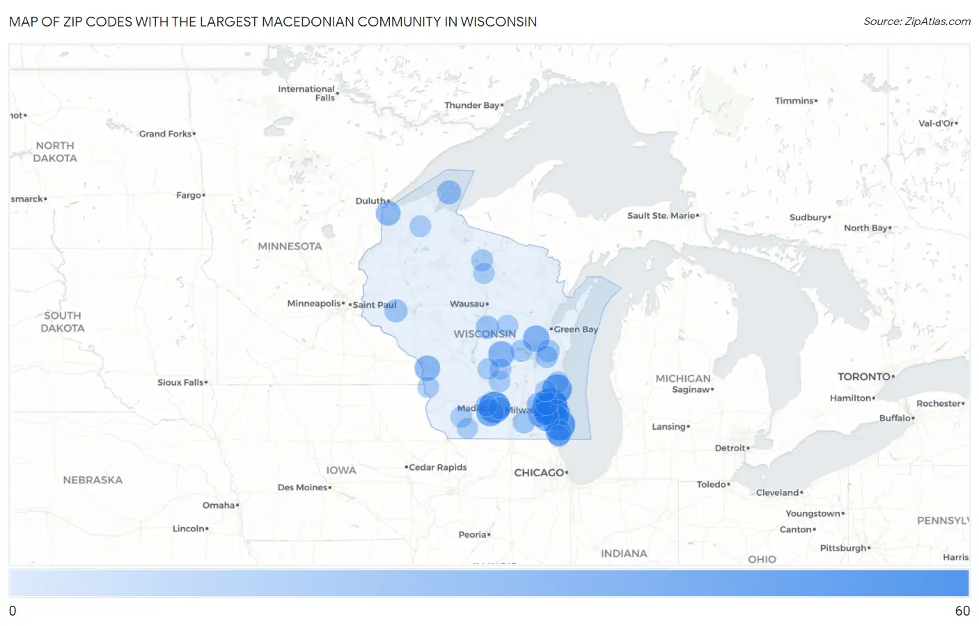 Zip Codes with the Largest Macedonian Community in Wisconsin Map