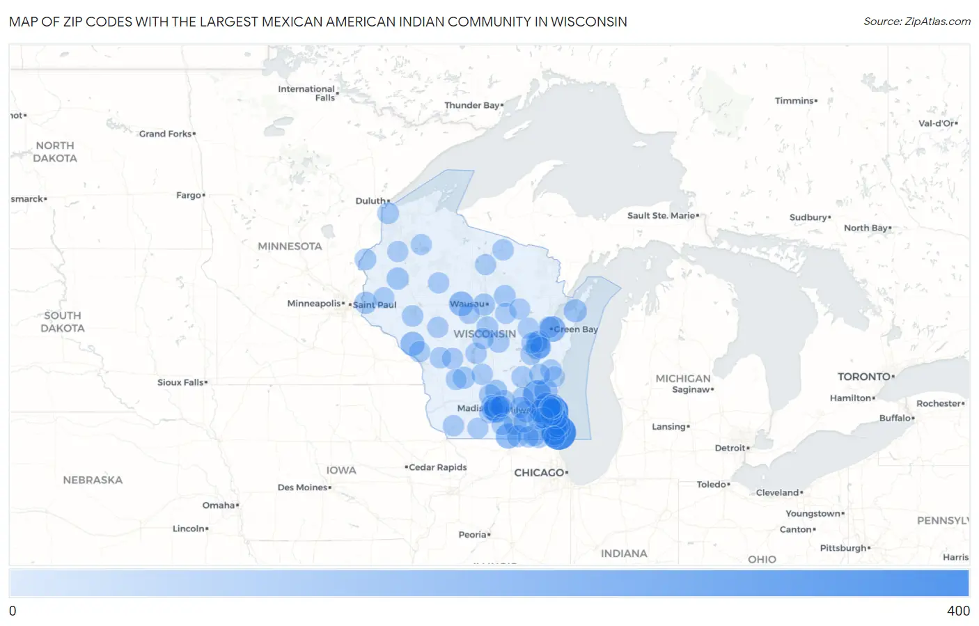 Zip Codes with the Largest Mexican American Indian Community in Wisconsin Map