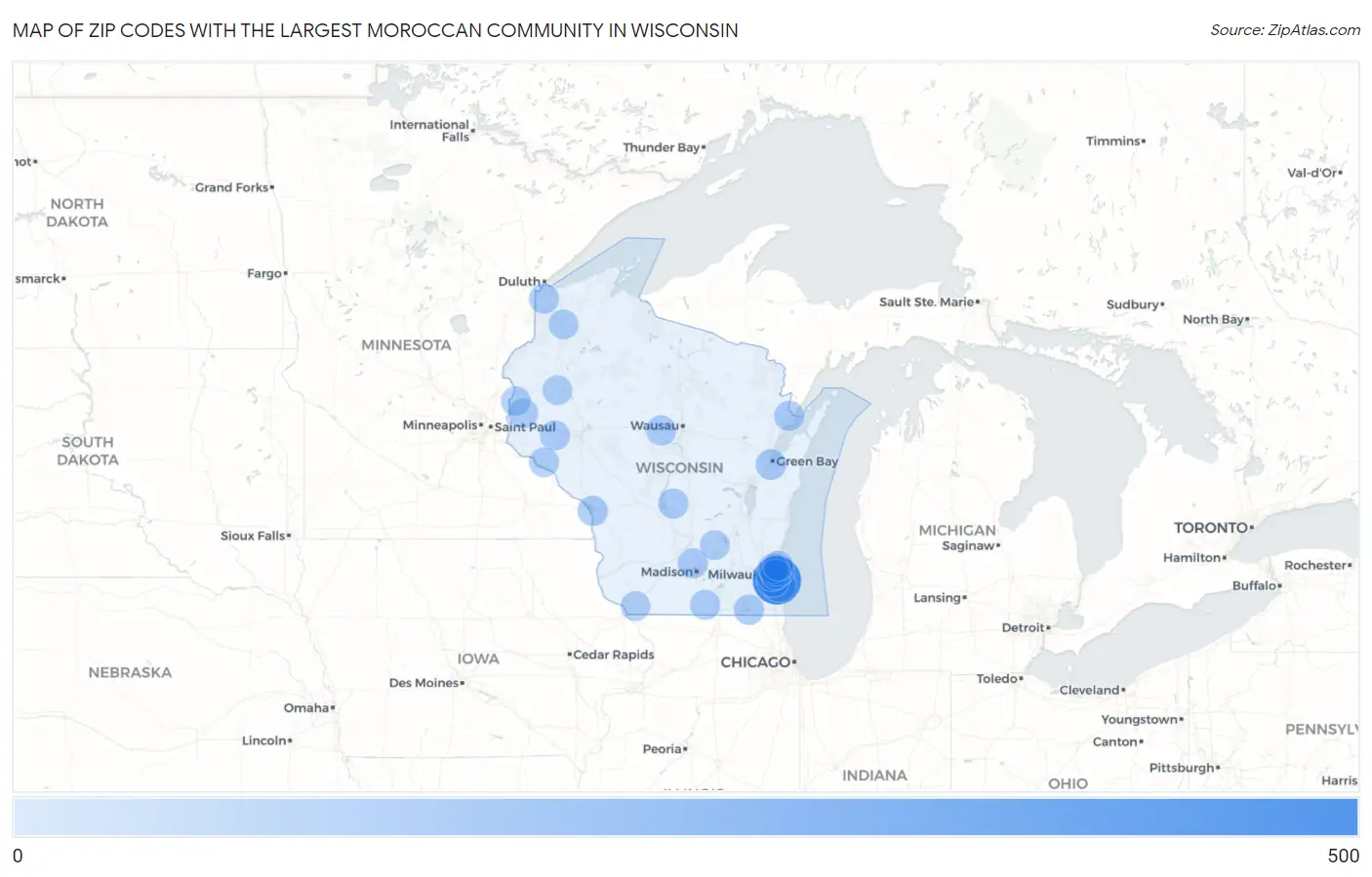 Zip Codes with the Largest Moroccan Community in Wisconsin Map