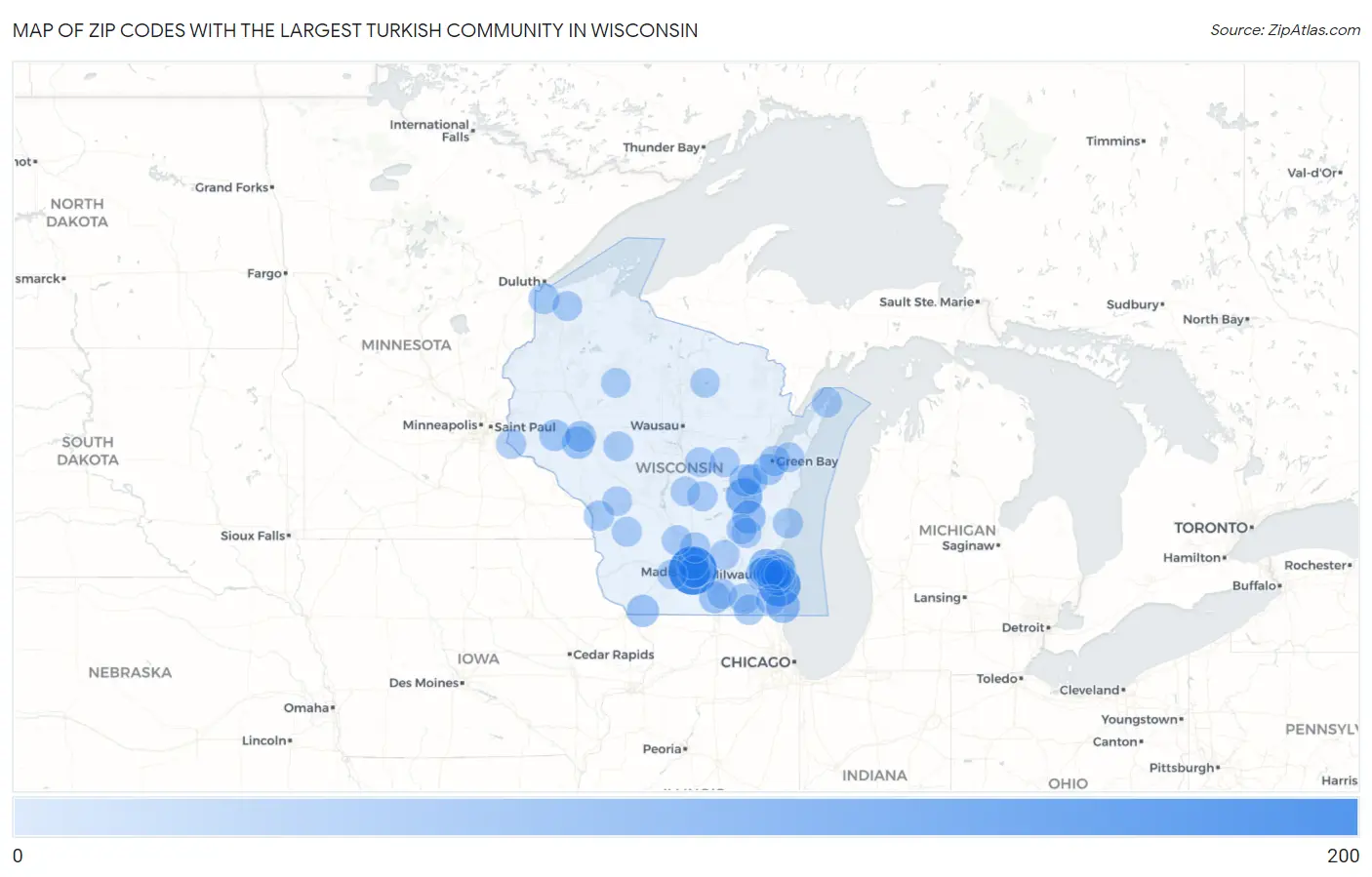 Zip Codes with the Largest Turkish Community in Wisconsin Map