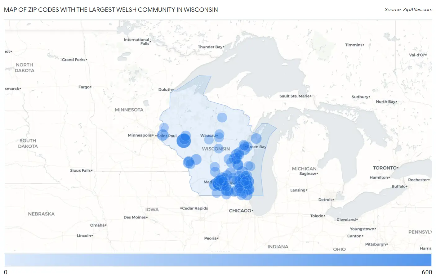 Zip Codes with the Largest Welsh Community in Wisconsin Map