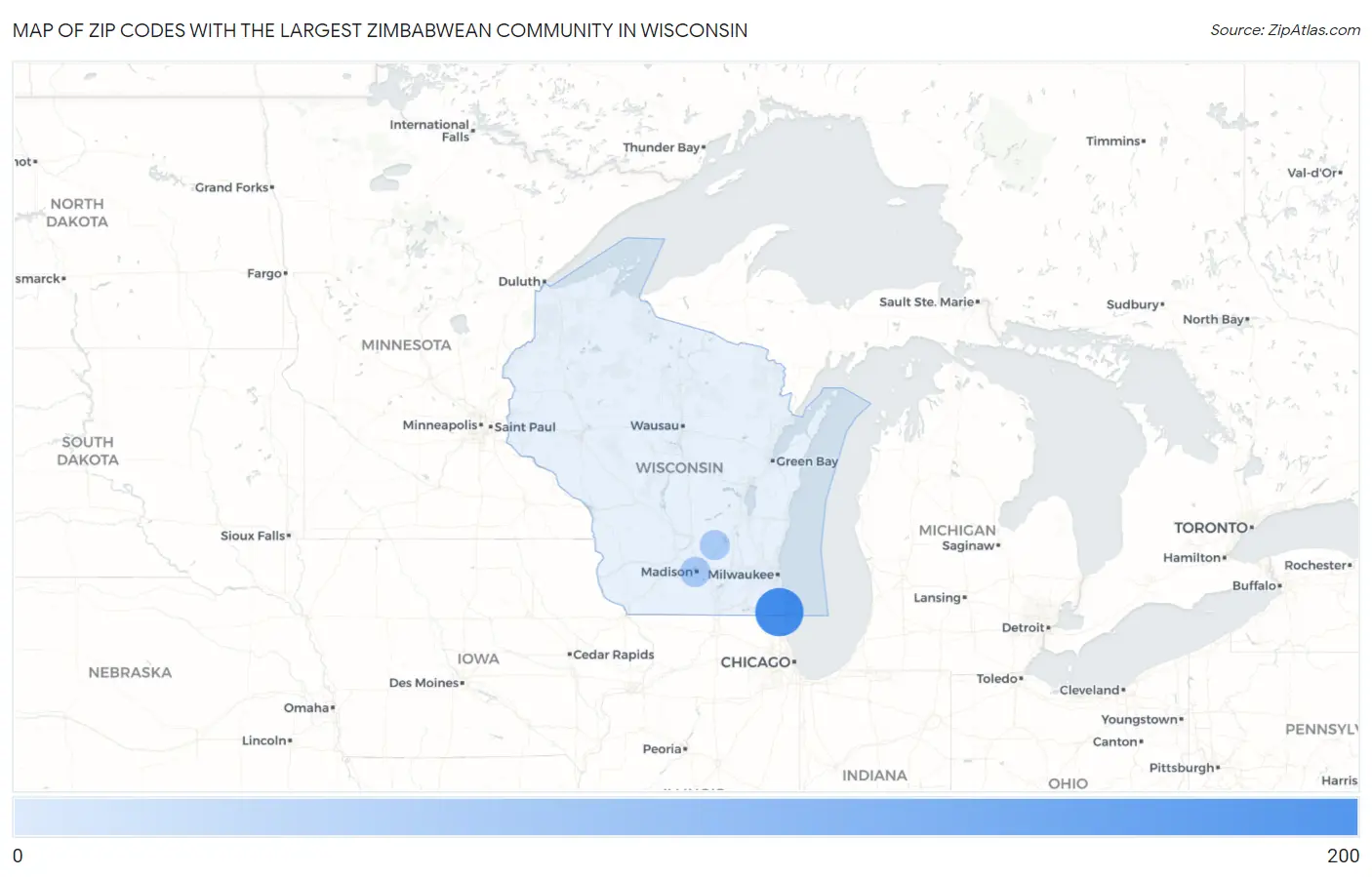 Zip Codes with the Largest Zimbabwean Community in Wisconsin Map