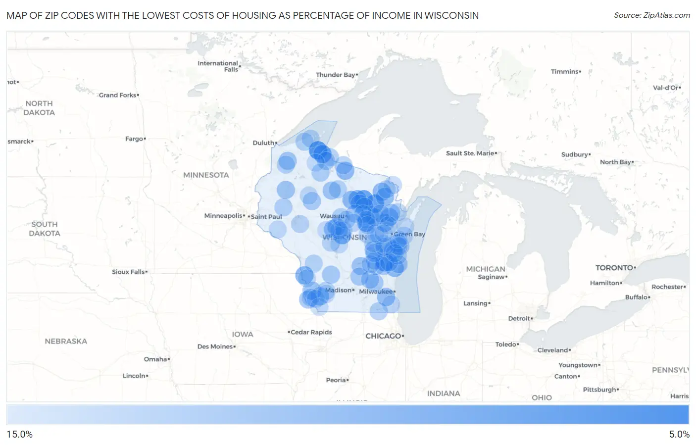 Zip Codes with the Lowest Costs of Housing as Percentage of Income in Wisconsin Map