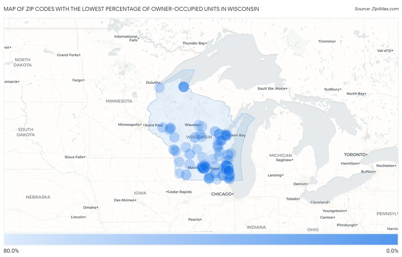 Zip Codes with the Lowest Percentage of Owner-Occupied Units in Wisconsin Map