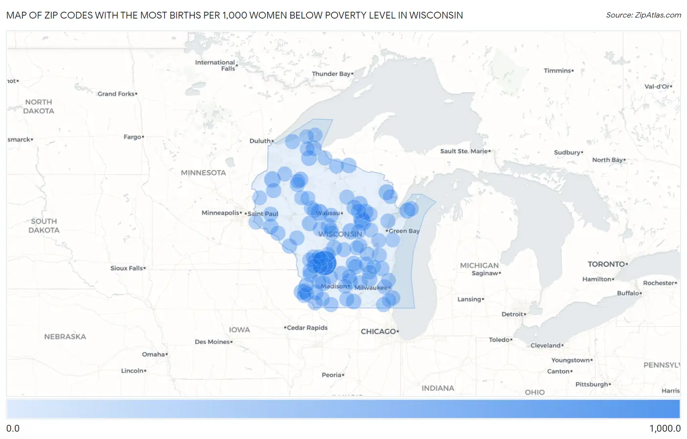 Zip Codes with the Most Births per 1,000 Women Below Poverty Level in Wisconsin Map