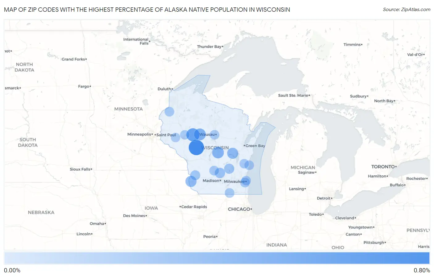 Zip Codes with the Highest Percentage of Alaska Native Population in Wisconsin Map
