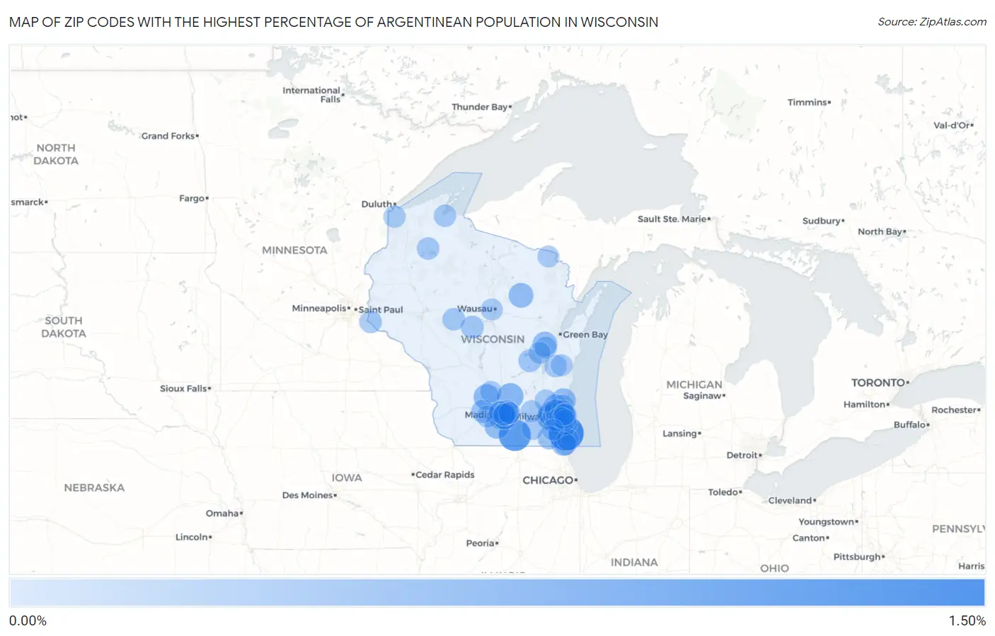 Zip Codes with the Highest Percentage of Argentinean Population in Wisconsin Map
