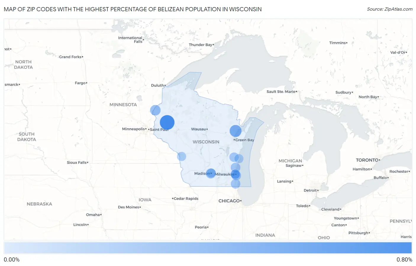 Zip Codes with the Highest Percentage of Belizean Population in Wisconsin Map