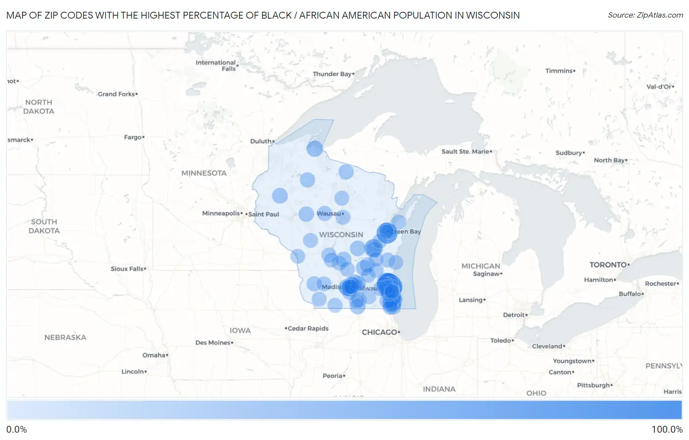 Zip Codes with the Highest Percentage of Black / African American Population in Wisconsin Map