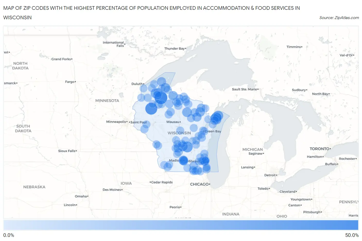 Zip Codes with the Highest Percentage of Population Employed in Accommodation & Food Services in Wisconsin Map