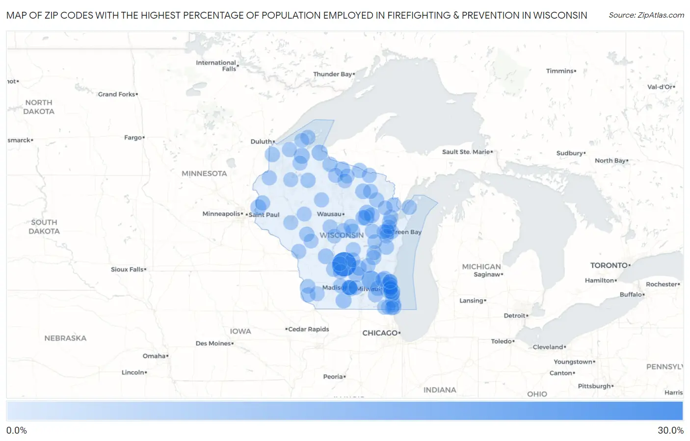 Zip Codes with the Highest Percentage of Population Employed in Firefighting & Prevention in Wisconsin Map