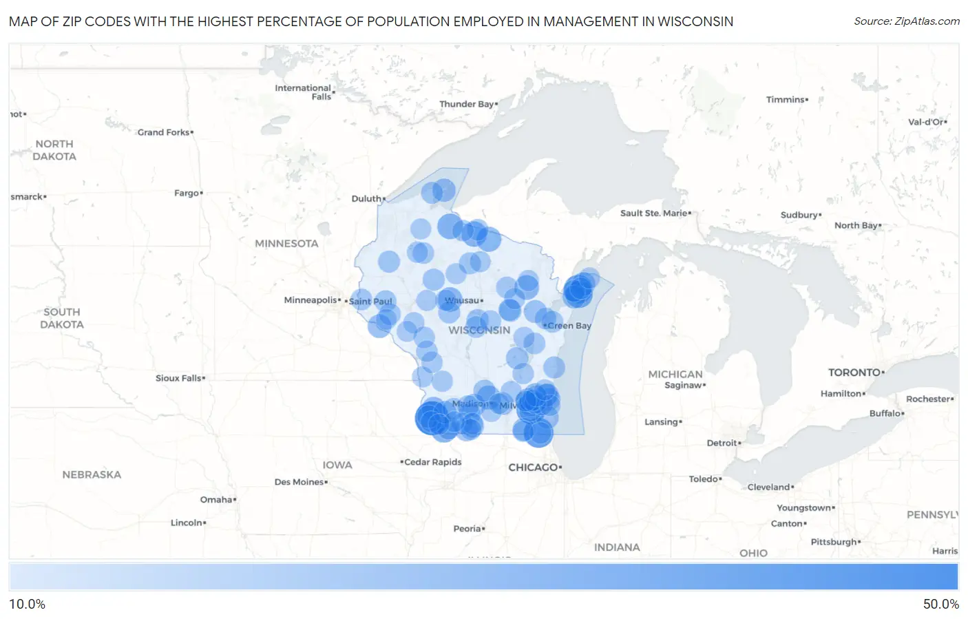 Zip Codes with the Highest Percentage of Population Employed in Management in Wisconsin Map
