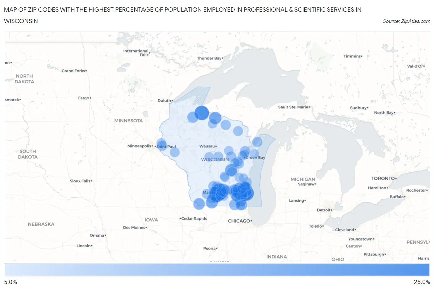 Zip Codes with the Highest Percentage of Population Employed in Professional & Scientific Services in Wisconsin Map