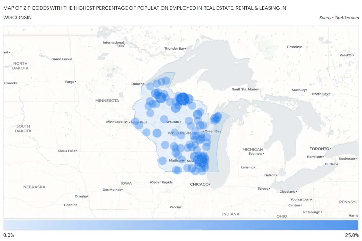 Zip Codes with the Highest Percentage of Population Employed in Real Estate, Rental & Leasing in Wisconsin Map