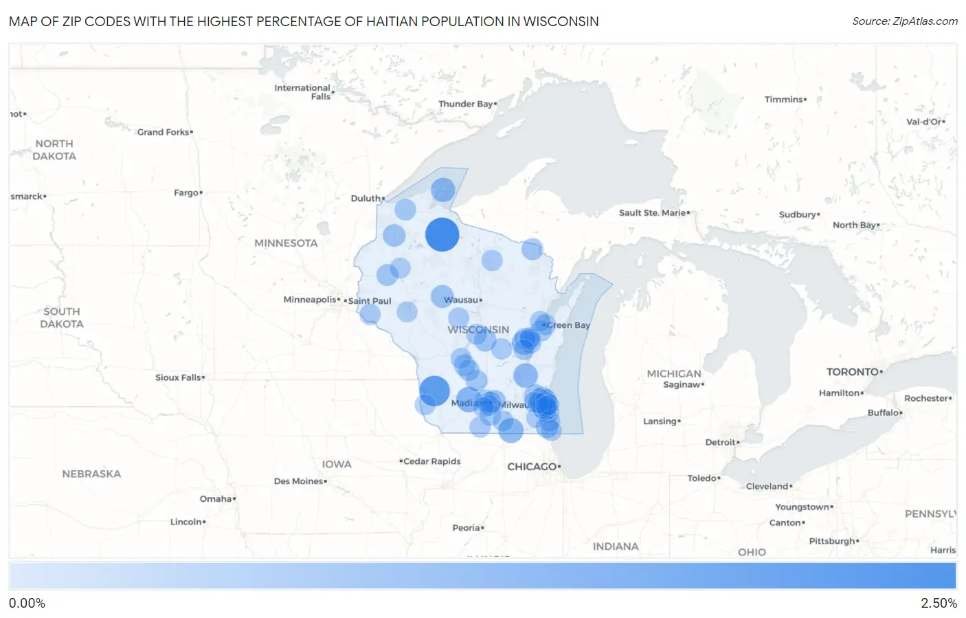 Zip Codes with the Highest Percentage of Haitian Population in Wisconsin Map