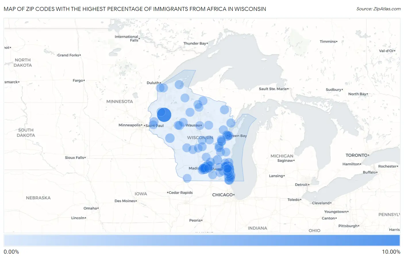 Zip Codes with the Highest Percentage of Immigrants from Africa in Wisconsin Map