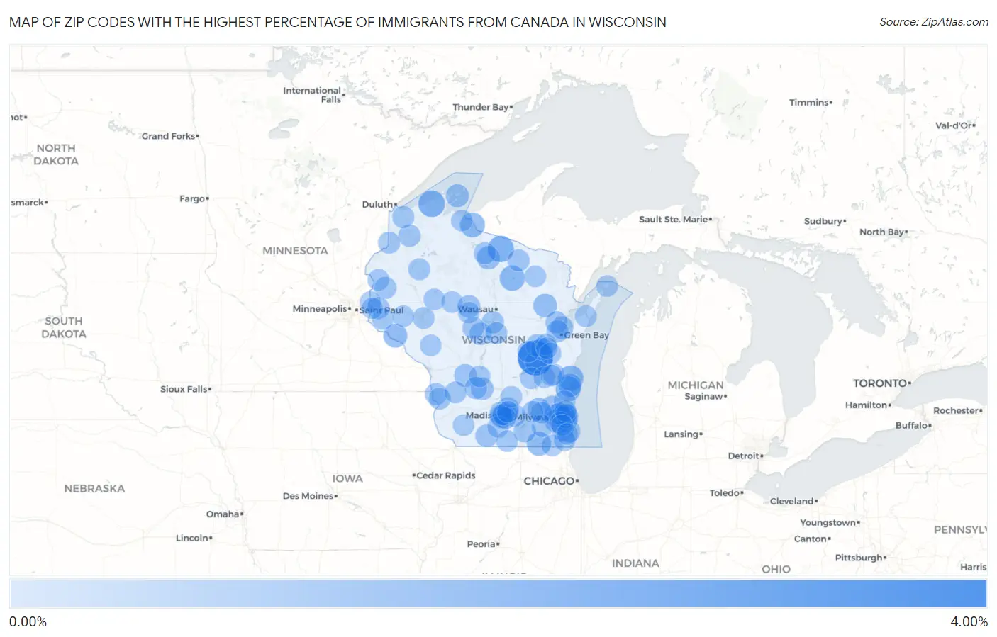 Zip Codes with the Highest Percentage of Immigrants from Canada in Wisconsin Map