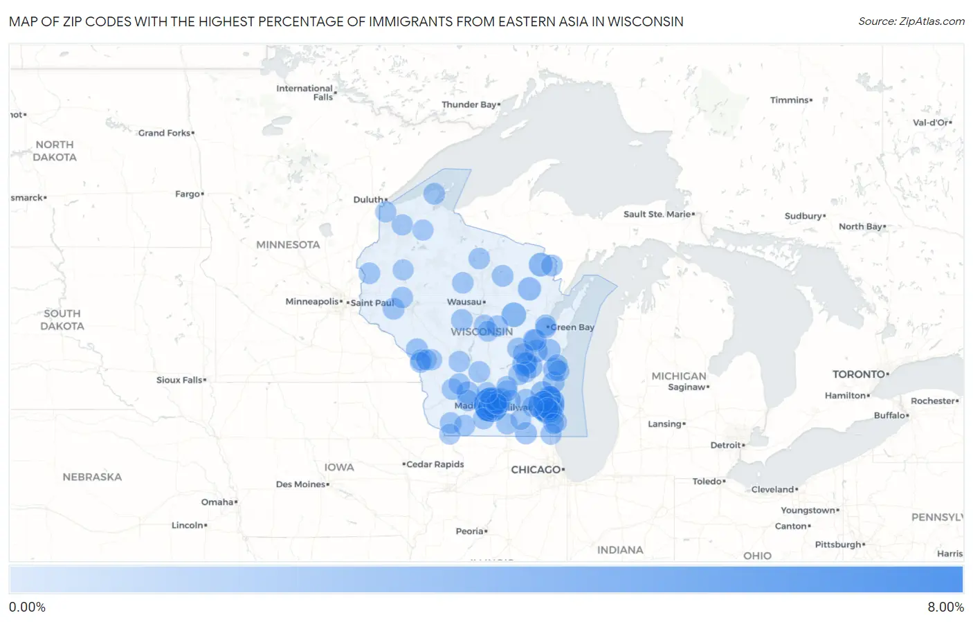 Zip Codes with the Highest Percentage of Immigrants from Eastern Asia in Wisconsin Map