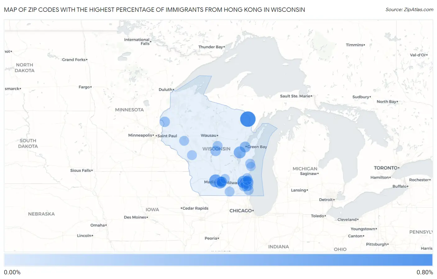 Zip Codes with the Highest Percentage of Immigrants from Hong Kong in Wisconsin Map