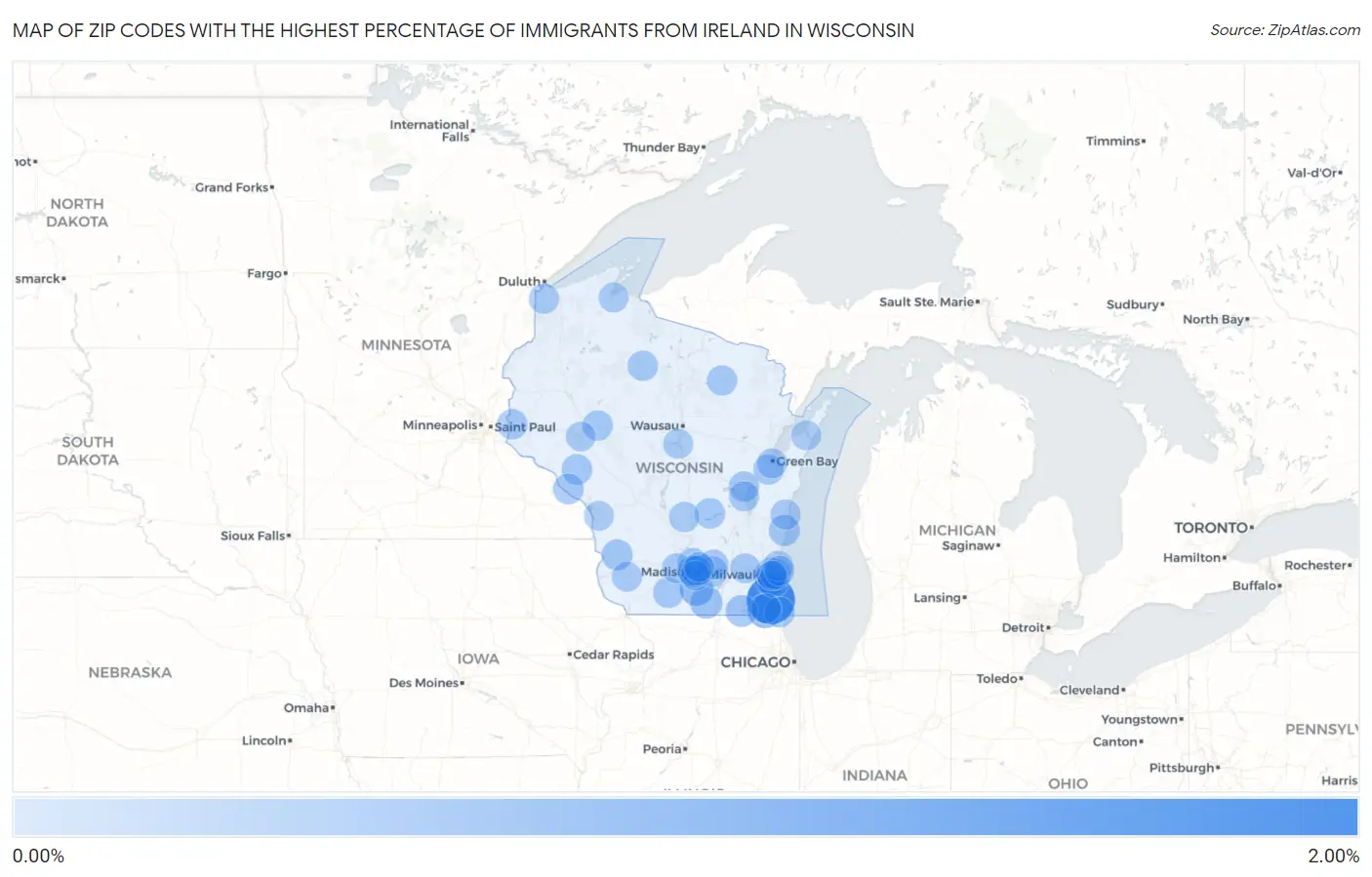 Zip Codes with the Highest Percentage of Immigrants from Ireland in Wisconsin Map
