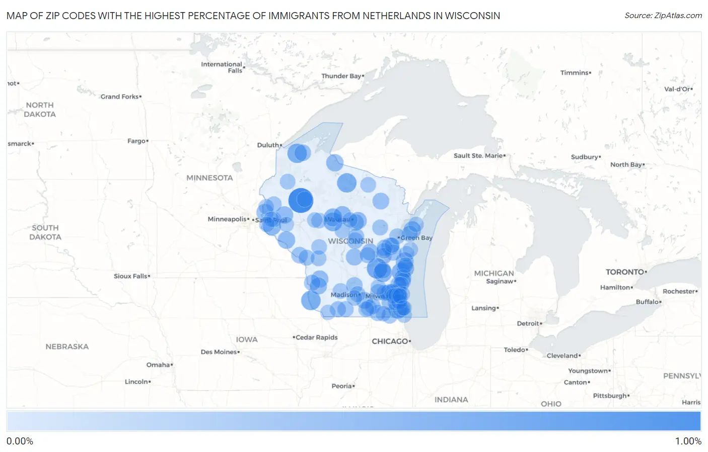 Zip Codes with the Highest Percentage of Immigrants from Netherlands in Wisconsin Map