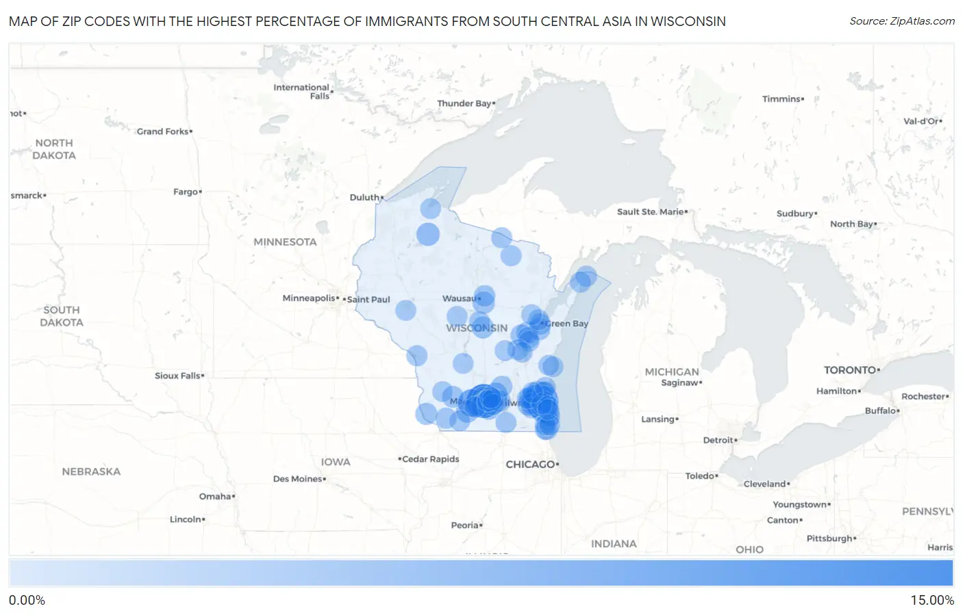 Zip Codes with the Highest Percentage of Immigrants from South Central Asia in Wisconsin Map