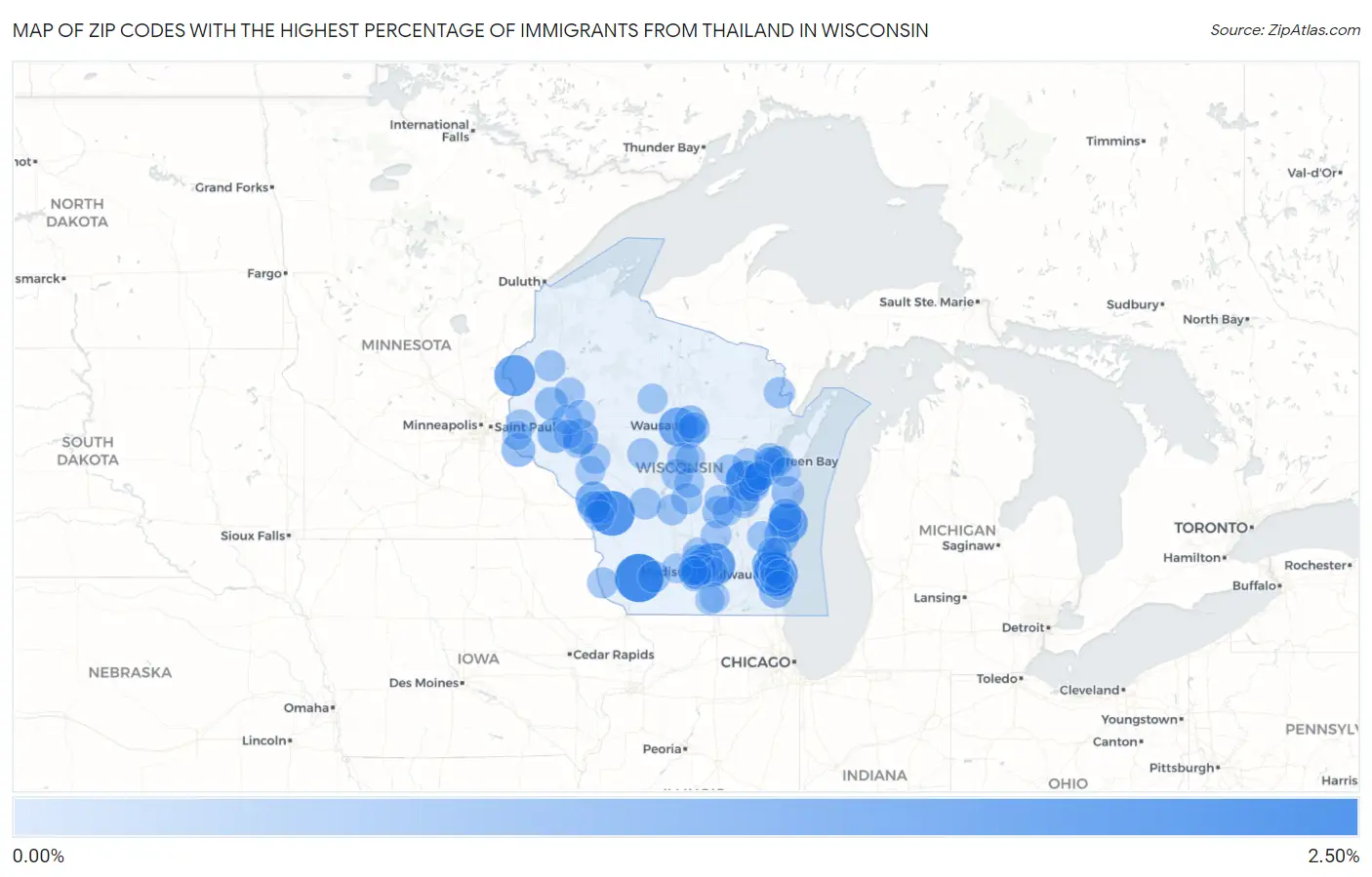 Zip Codes with the Highest Percentage of Immigrants from Thailand in Wisconsin Map