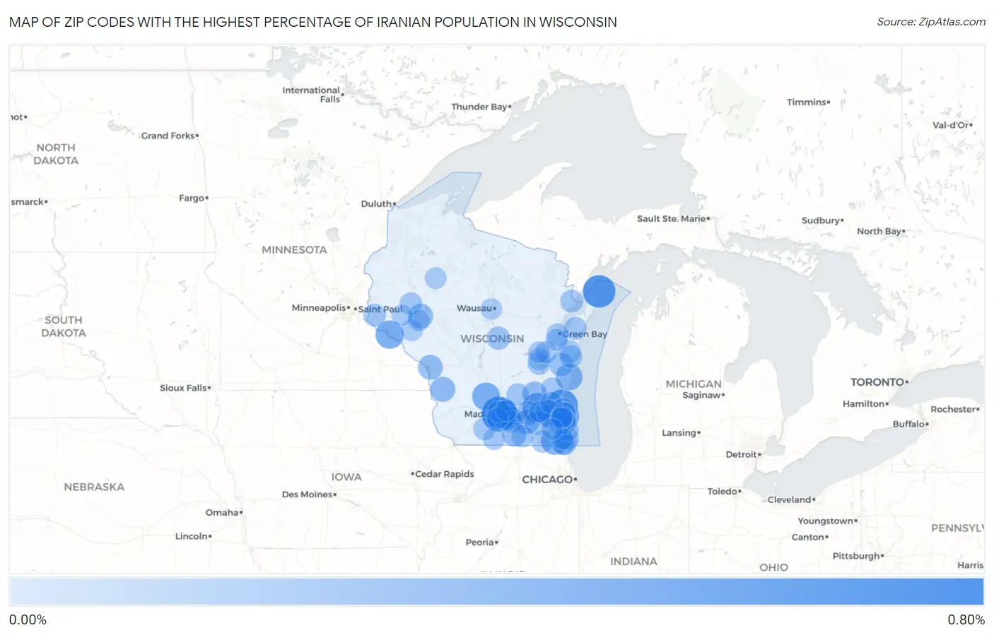 Zip Codes with the Highest Percentage of Iranian Population in Wisconsin Map