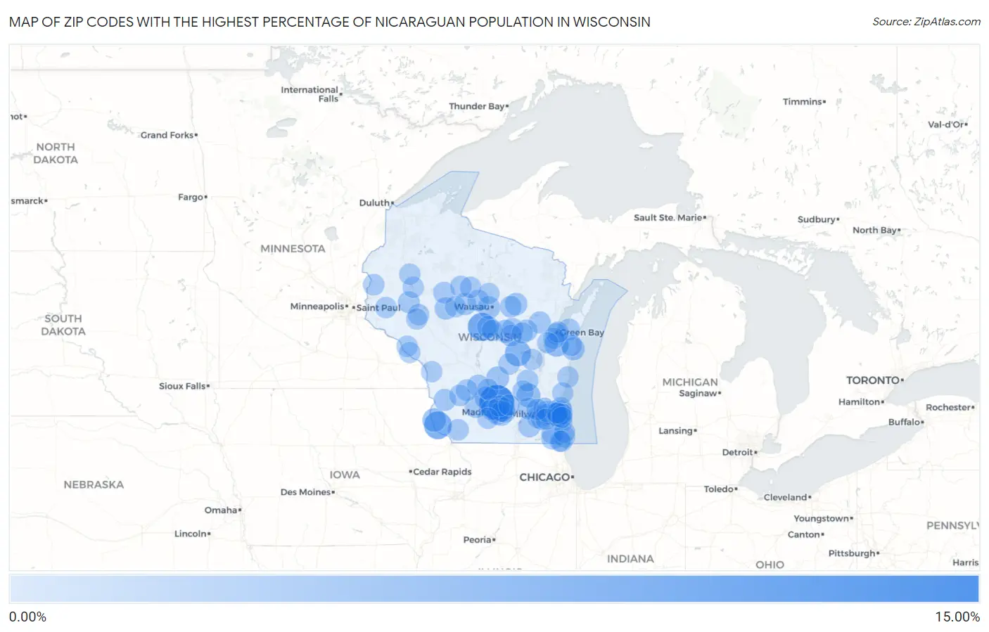 Zip Codes with the Highest Percentage of Nicaraguan Population in Wisconsin Map