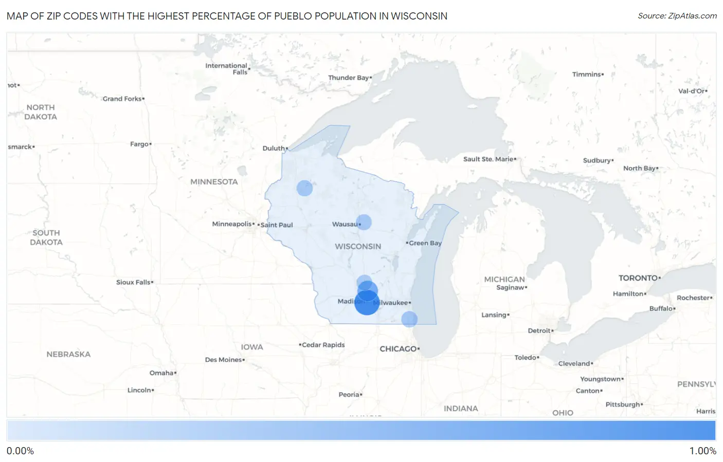 Zip Codes with the Highest Percentage of Pueblo Population in Wisconsin Map