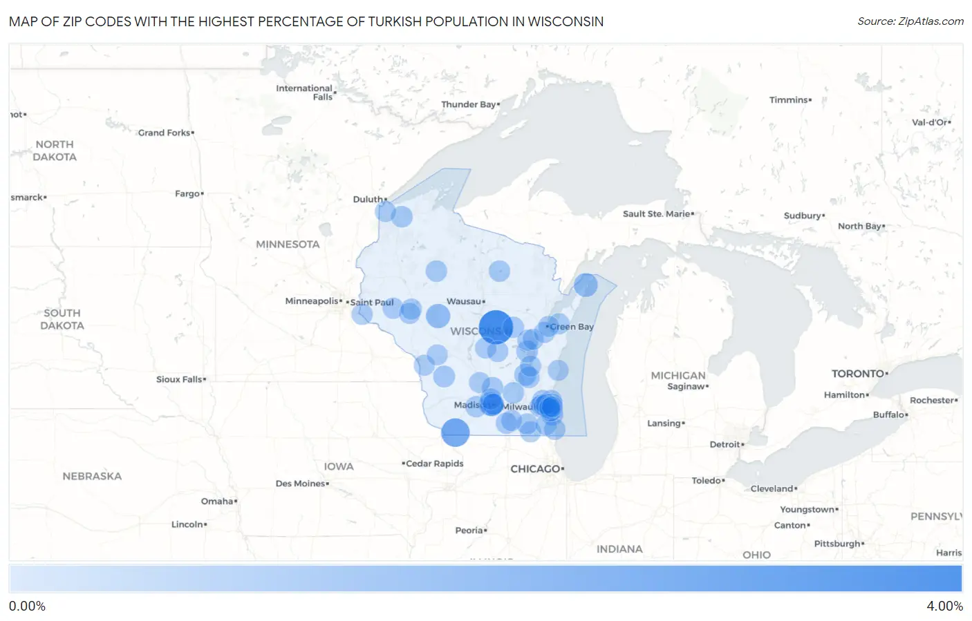 Zip Codes with the Highest Percentage of Turkish Population in Wisconsin Map