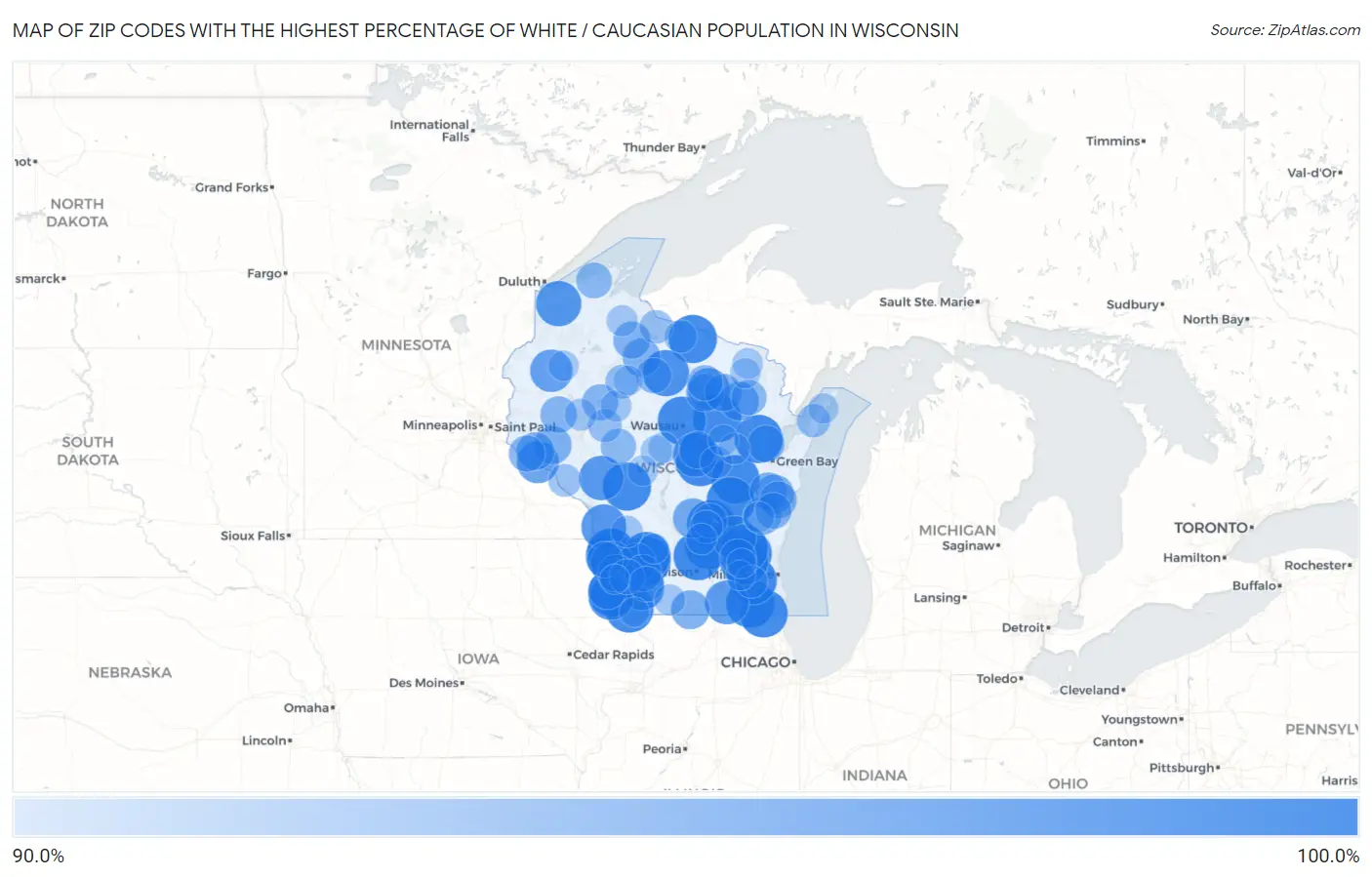 Zip Codes with the Highest Percentage of White / Caucasian Population in Wisconsin Map