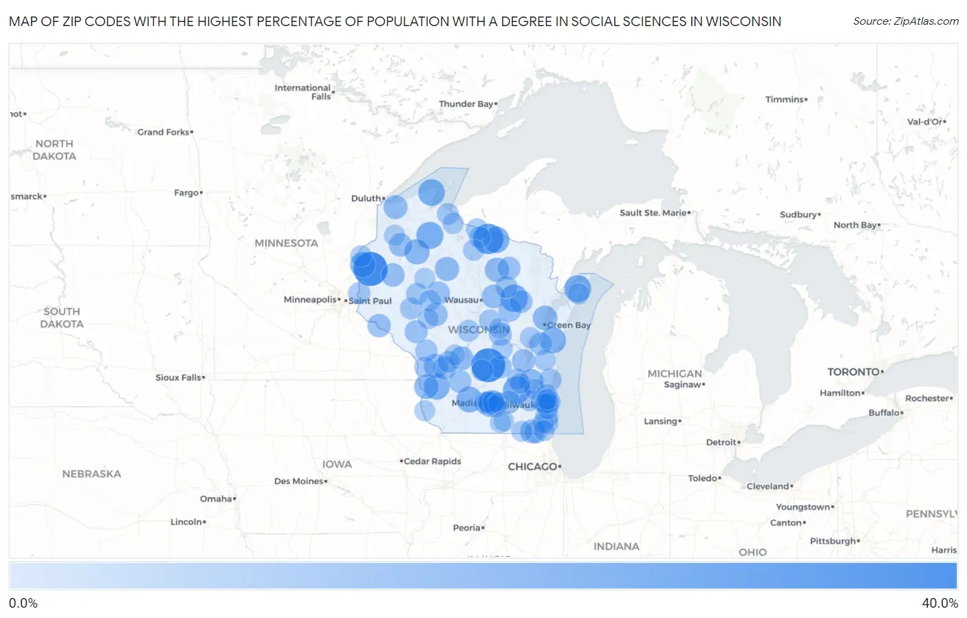 Zip Codes with the Highest Percentage of Population with a Degree in Social Sciences in Wisconsin Map