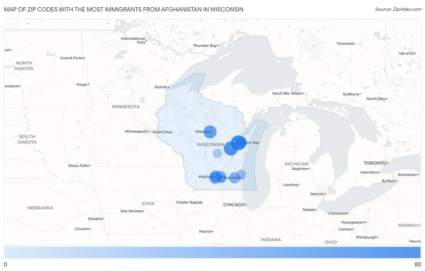 Zip Codes with the Most Immigrants from Afghanistan in Wisconsin Map
