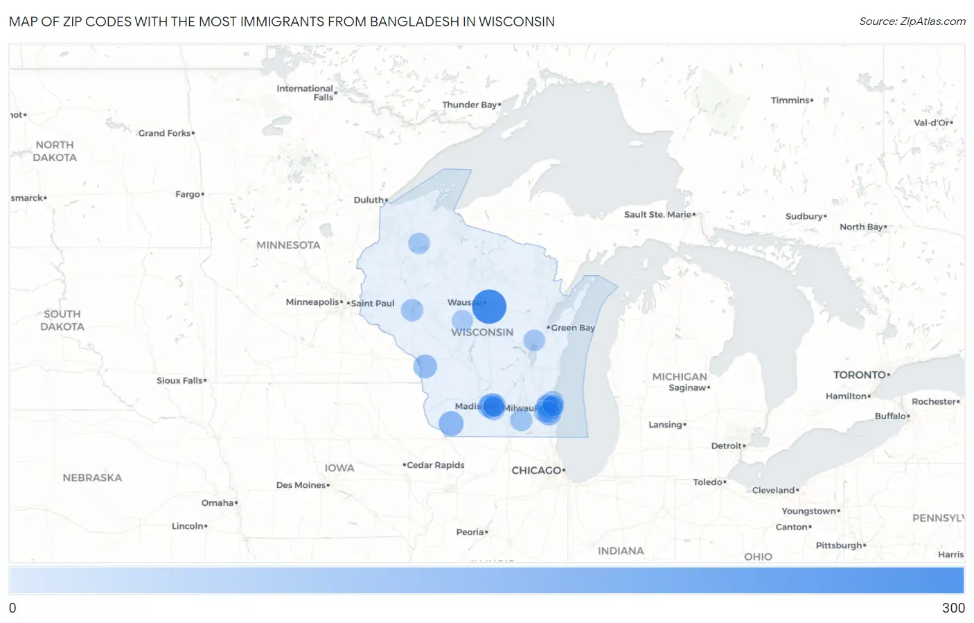 Zip Codes with the Most Immigrants from Bangladesh in Wisconsin Map