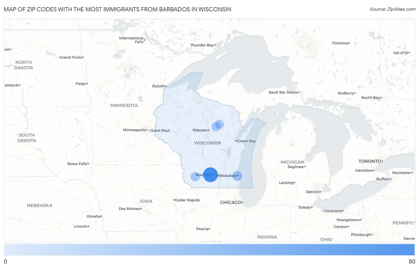 Zip Codes with the Most Immigrants from Barbados in Wisconsin Map
