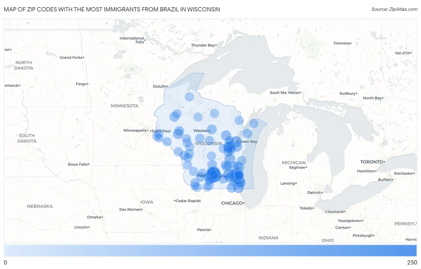 Zip Codes with the Most Immigrants from Brazil in Wisconsin Map