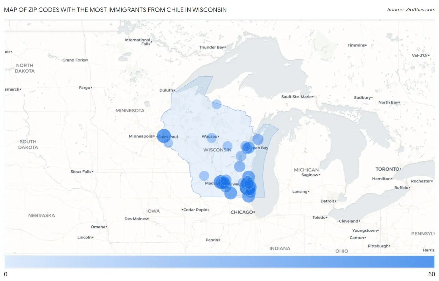 Zip Codes with the Most Immigrants from Chile in Wisconsin Map