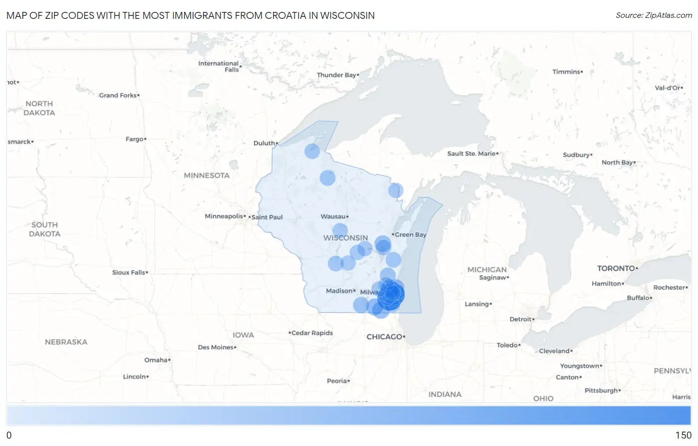 Zip Codes with the Most Immigrants from Croatia in Wisconsin Map