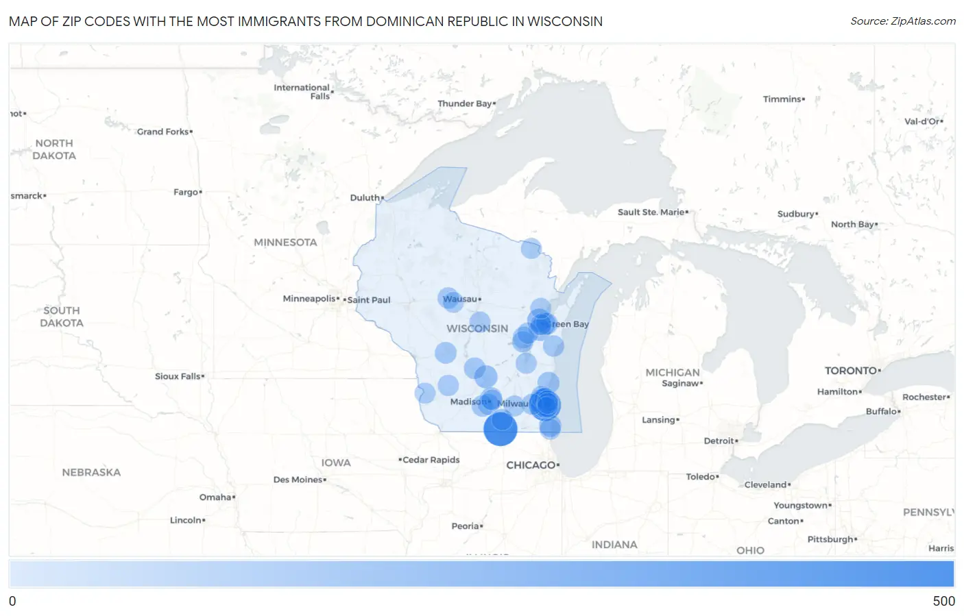 Zip Codes with the Most Immigrants from Dominican Republic in Wisconsin Map