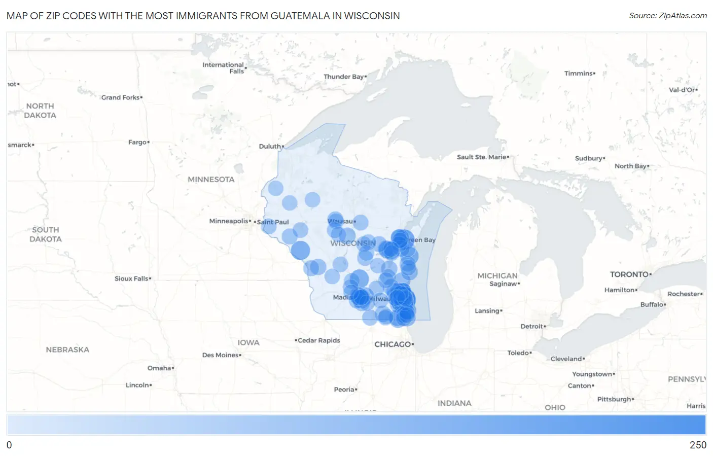 Zip Codes with the Most Immigrants from Guatemala in Wisconsin Map