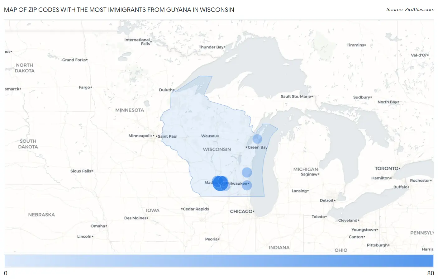 Zip Codes with the Most Immigrants from Guyana in Wisconsin Map