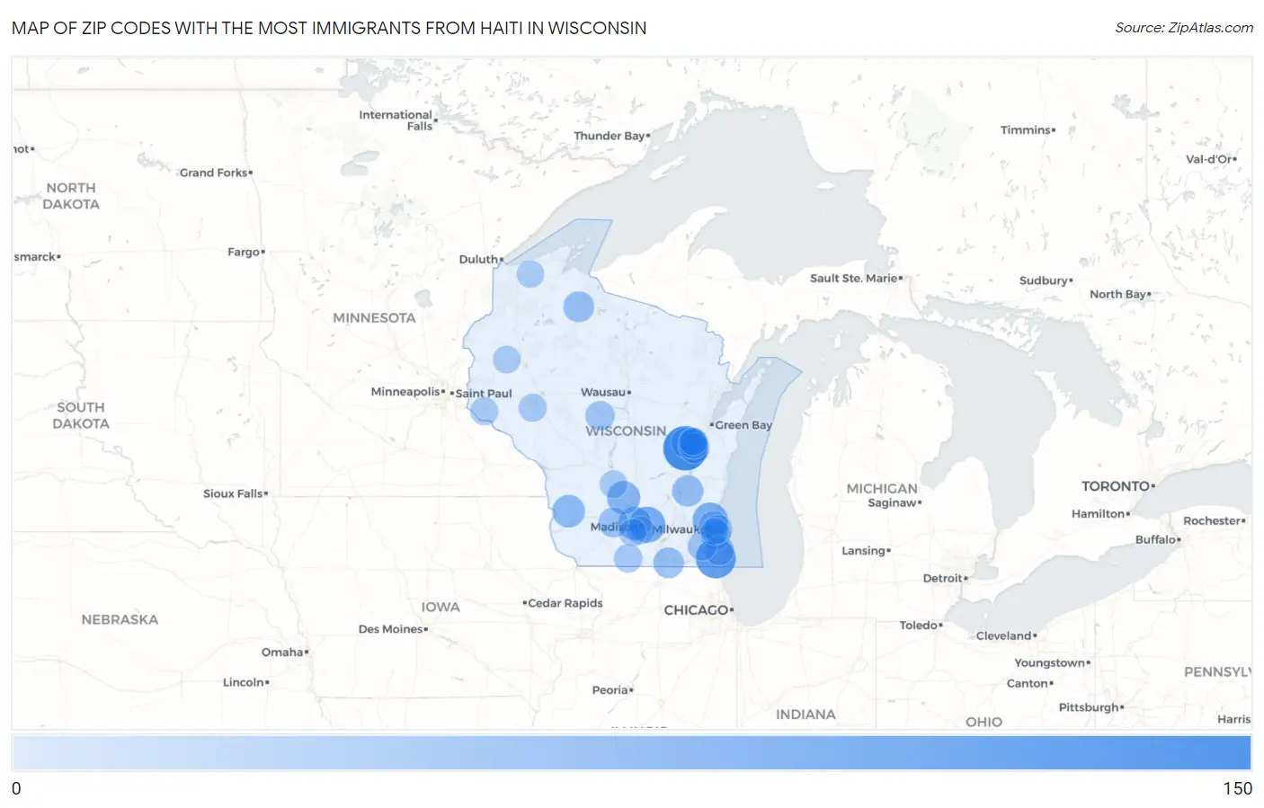 Zip Codes with the Most Immigrants from Haiti in Wisconsin Map