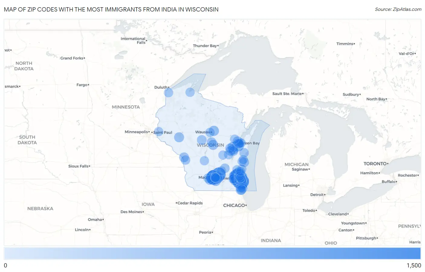 Zip Codes with the Most Immigrants from India in Wisconsin Map
